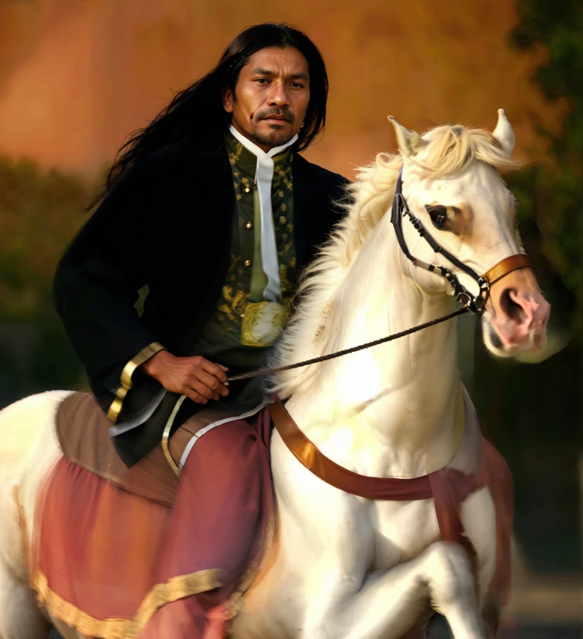 An Indonesian Muslim man, aged around 40 years or above, natural brown skin, is riding a strong and strong white horse, this man is wearing clothes with the nuances of a king, there is an heirloom keris tucked behind him, above him is hanging a hat made of From the straw, it looks like a horse is running fast. Guardian black background. HD quality realistic images.
