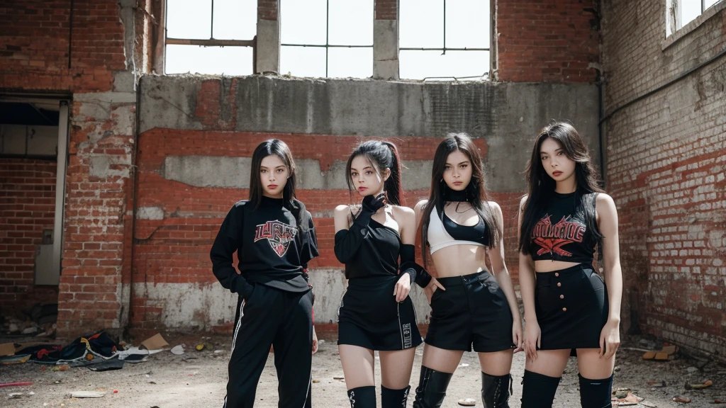 4 girls from a girl group inside an abandoned warehouse posing together with a dominate pose. Dark edgy clothes and hairstyles. Red light peaks throuth the windows