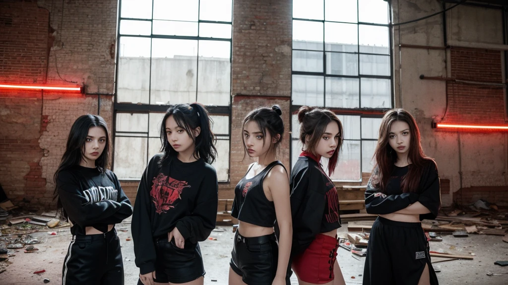4 girls from a girl group inside an abandoned warehouse posing together with a dominate pose. Dark edgy clothes and hairstyles. Red light peaks throuth the windows