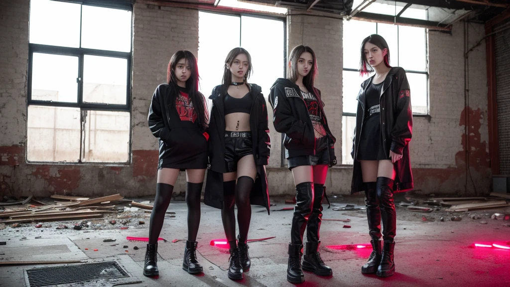 4 girls from a girl group inside an abandoned warehouse posing together with a dominate pose. Dark edgy clothes and hairstyles. Red light peaks throuth the windows