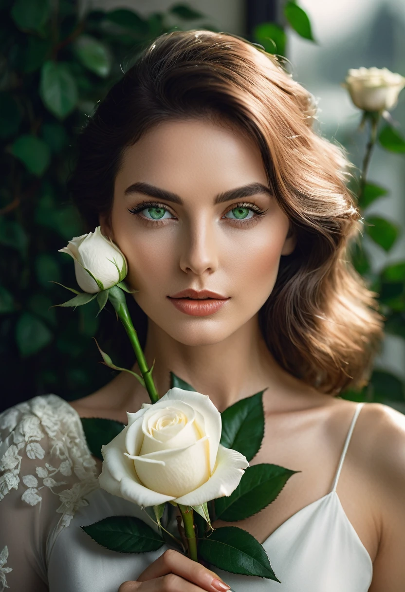 a woman with green eyes, flawless skin, half body shot, holding a white rose, whimsical photography style, captured with an Arriflex 35BL camera using Canon K25 prime lenses, cinematic, dramatic lighting, ultra clear, breathtaking surreal masterpiece.