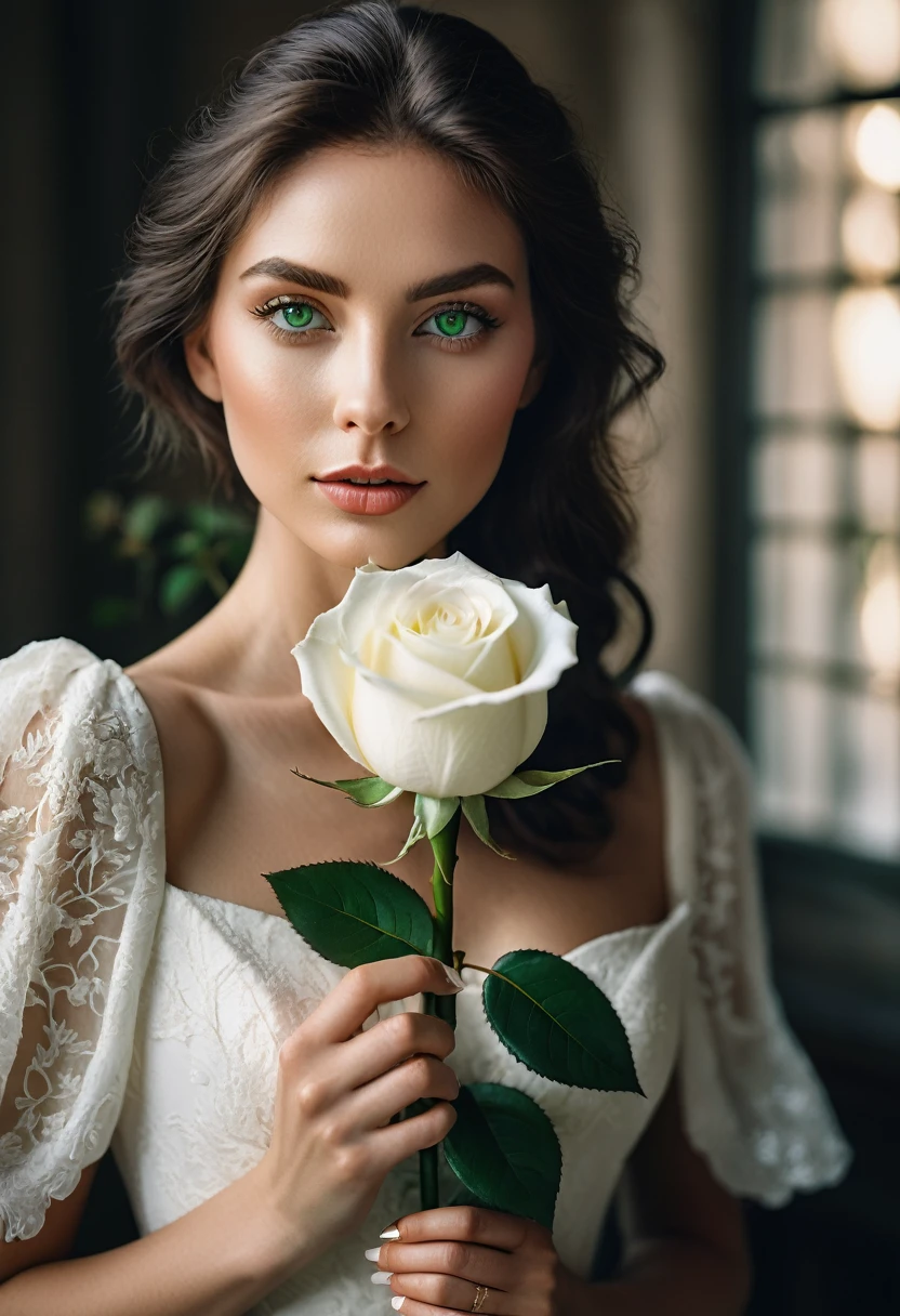 a woman with green eyes, flawless skin, half body shot, holding a white rose, whimsical photography style, captured with an Arriflex 35BL camera using Canon K25 prime lenses, cinematic, dramatic lighting, ultra clear, breathtaking surreal masterpiece.
