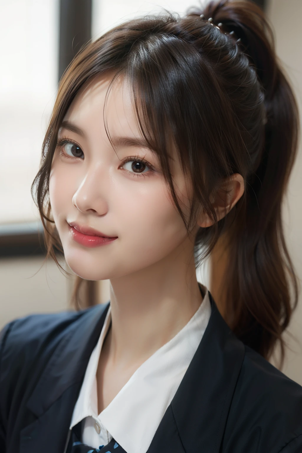 1 cute girl, front facing, front view shot, smile, dark hair, ponytail, looking at viewer, seductive gaze, chuckle, Ultra-realistic capture, Highly detailed, High resolution 16k close-up of human skin. Skin texture must be natural, With such detail that pores can be finely identified. Skin should look healthy, In a uniform tone. Use natural light and color