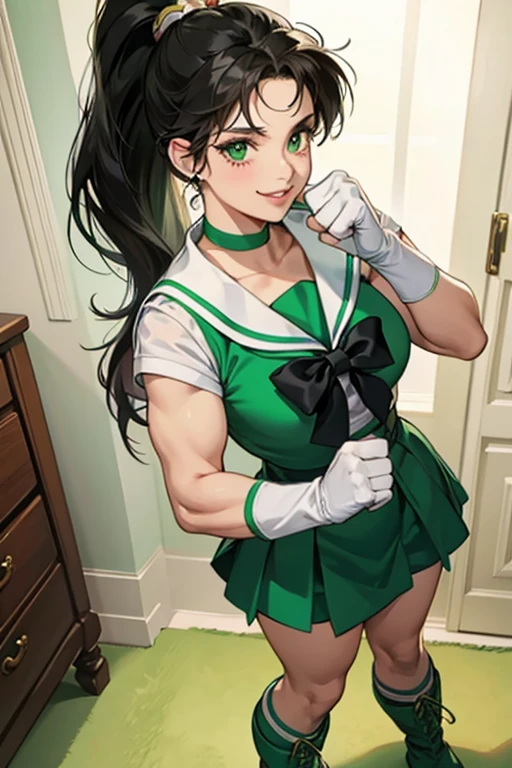 A muscular mature woman with black hair and a ponytail dressed as Sailor Jupiter is smiling and pumping her fist in her room while wearing green boots and white gloves.