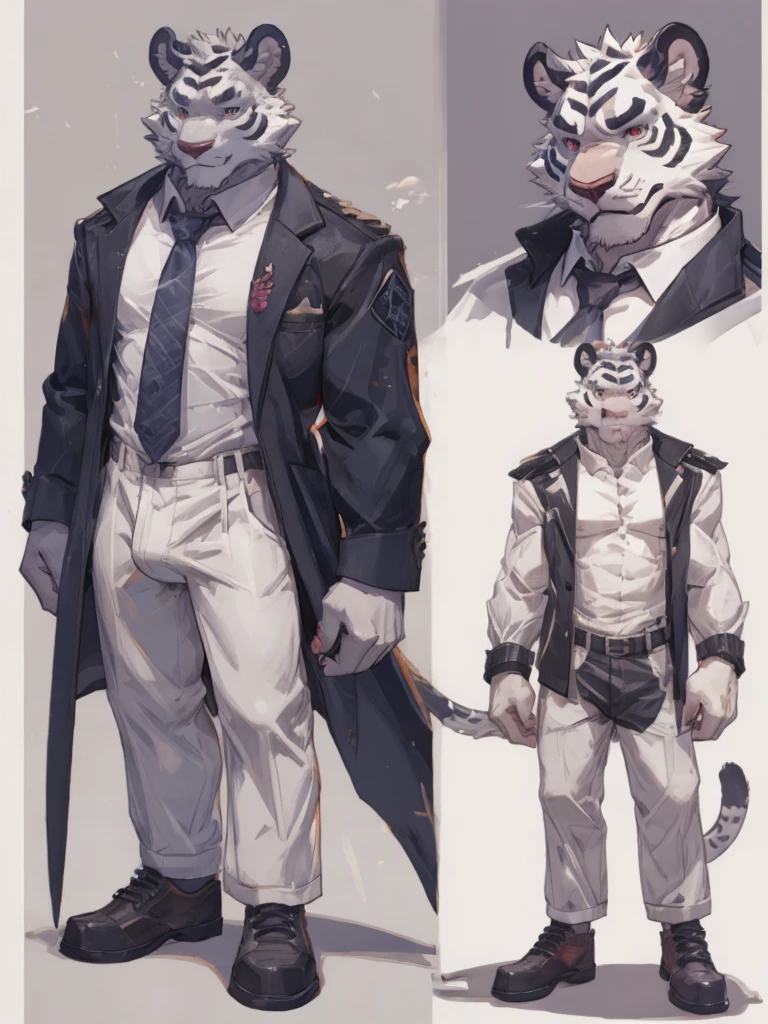{{bara extremely handsome white tiger,}} {{white fur,}} white, wearing elegant ornate suit jacket, trousers, white dress shirt and necktie, white fluffy furry body and limbs, loafers, very tall, very broad shoulders, narrow waist, muscular arms, massive pecs, purple eyes, very long legs, massive bulge, sophisticated hot look, sexy pose, full body, sunlight casting over, 3/4 view, best quality, high quality, silver earring on left ear, sultry smirk, multiple views, character sheet