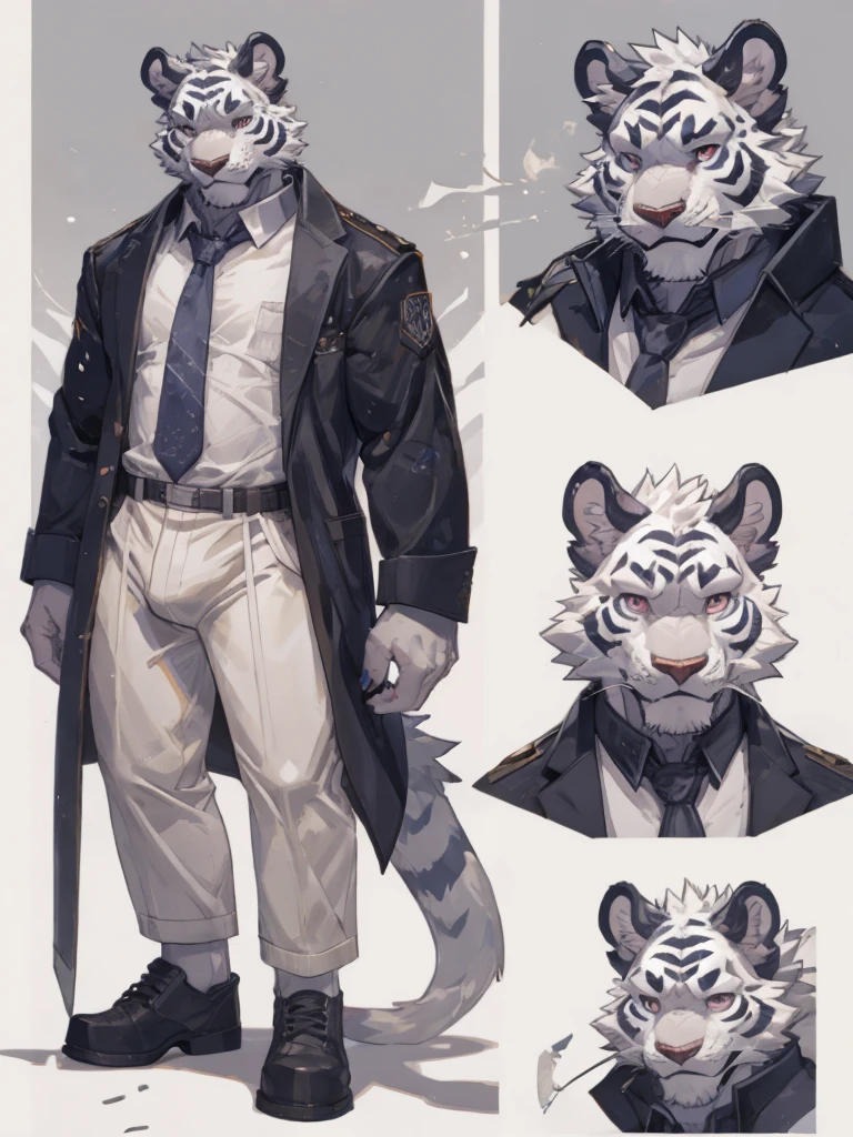 {{bara extremely handsome white tiger,}} {{white fur,}} white, wearing elegant ornate suit jacket, trousers, white dress shirt and necktie, white fluffy furry body and limbs, loafers, very tall, very broad shoulders, narrow waist, muscular arms, massive pecs, purple eyes, very long legs, massive bulge, sophisticated hot look, sexy pose, full body, sunlight casting over, 3/4 view, best quality, high quality, silver earring on left ear, sultry smirk, multiple views, character sheet