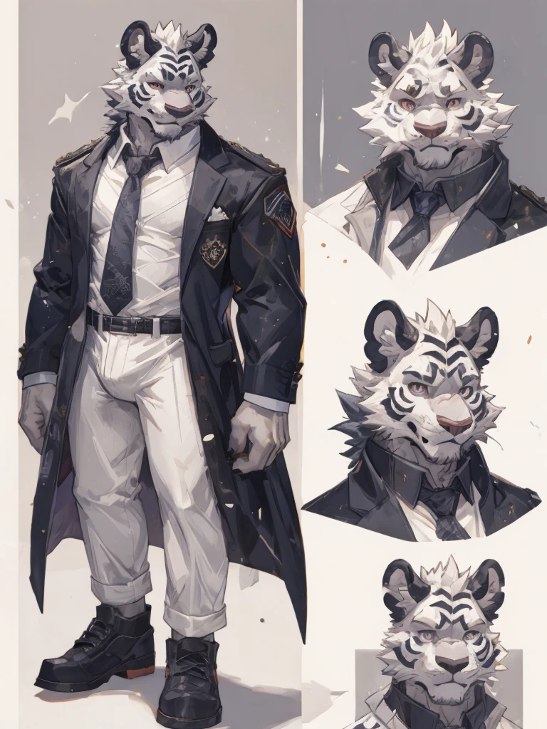 {{bara extremely handsome white tiger,}} {{white fur,}} white, wearing elegant ornate suit jacket, trousers, white dress shirt and necktie, white fluffy furry body and limbs, loafers, very tall, very broad shoulders, narrow waist, muscular arms, massive pecs, purple eyes, very long legs, massive bulge, sophisticated hot look, sexy pose, full body, sunlight casting over, 3/4 view, best quality, high quality, silver earring on left ear, sultry smirk, multiple views, character sheet