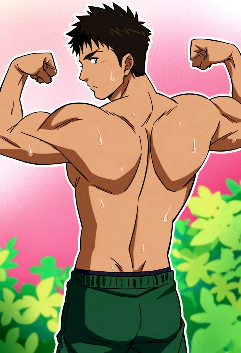(1boy,20 years,solo,serious,mature male),((dark skin)),black hair,elf ears,(horns),cowboy shot,(white background),from back, (orange dragon tail)