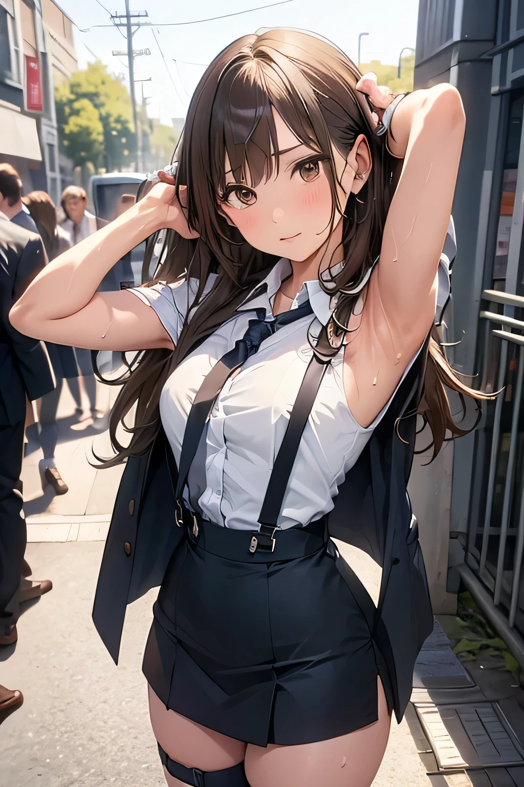 Brown Hair、Staring at the audience　　　Black suspenders　　　bulging big breasts　　 　 　　　wall: 　garter　　　　　sight　　　Small face　 　　　holster　　　Beautiful woman　　Show your hand　　 　sight 　　Taunt　side　side汗 　arm　Dress shirt　Black Suit　ベルト wall際　Put your hands up　Both hands above head　Armpit sweat　mini skirt