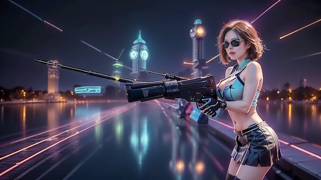 (aerial view). at night, futuristic sci-fi cyberpunk city, broad viaduct, skyscrapers at the end of the viaduct, the movie "13th Floor" style, (((((voltex-spirit-spreading giant clock tower as time machine))))), hq. Matrix style, at night, (1girl, solo), photo realistic, (large-breast:1.2 slim body, cleavage:1.3), (((tube top, extreamly short pleated (((miniskirt)))))), (((((matrix style black sunglasses))))), (((((aiming at camera with a (short:0.8 pistol)))))), (((half-body (thigh level) medium shot))), (cinematic lighting).