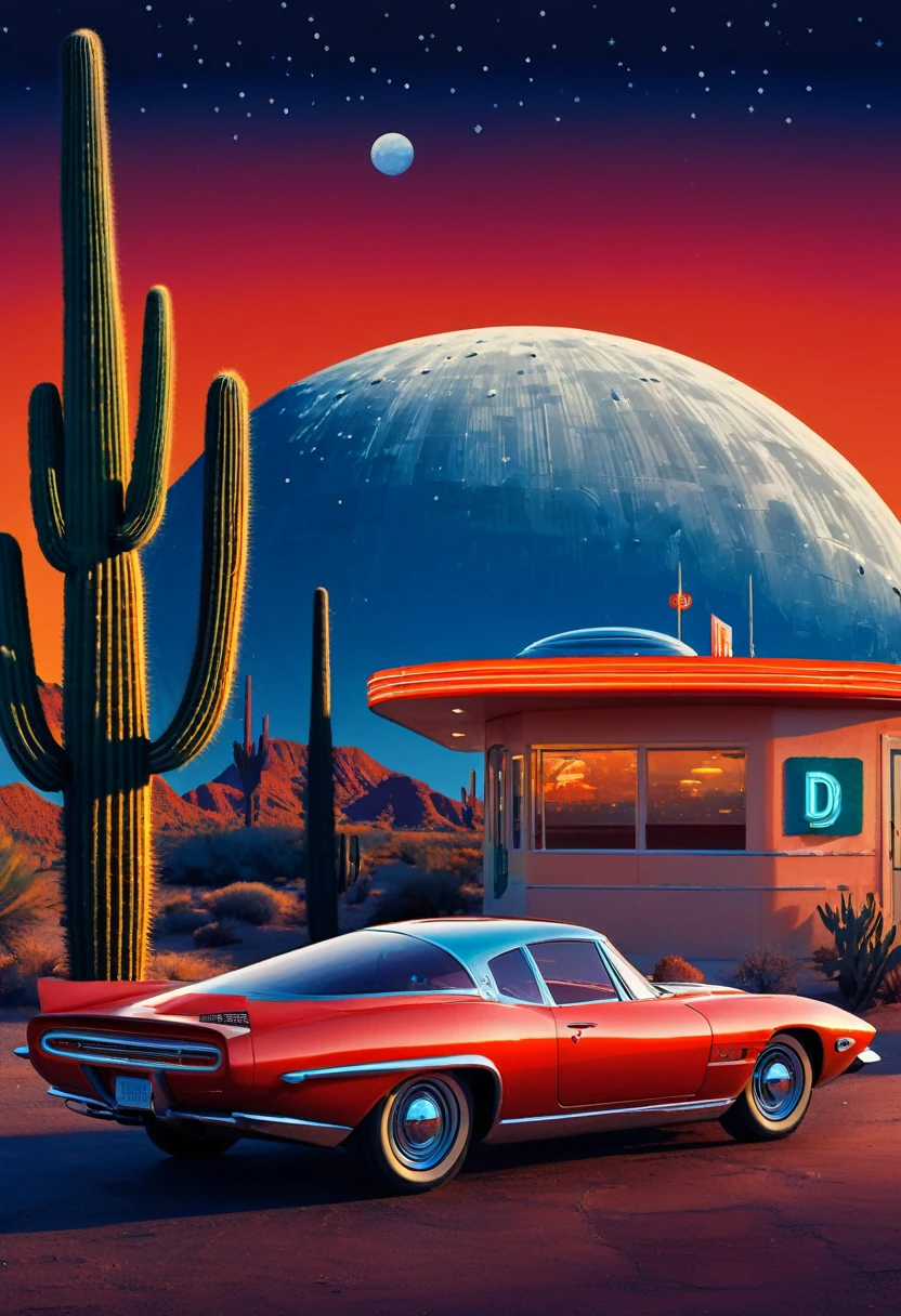 Vibrant, stylized painting featuring a sleek, futuristic sports car with a glossy, metallic red finish. The car is parked on a desert road at sunset, with tall cacti and a retro diner in the background. The sky is a gradient of deep blue to orange, with a crescent moon and stars visible. The diner has a neon sign with the word 'DINER' in bold, glowing letters, and another sign with a circular shape and a glowing emblem. The car's license plate reads 'FUTURE'. The overall scene combines elements of retro and futuristic aesthetics, creating a striking and colorful composition.