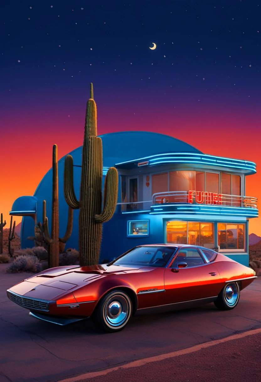 Vibrant, stylized painting featuring a sleek, futuristic sports car with a glossy, metallic red finish. The car is parked on a desert road at sunset, with tall cacti and a retro diner in the background. The sky is a gradient of deep blue to orange, with a crescent moon and stars visible. The diner has a neon sign with the word 'DINER' in bold, glowing letters, and another sign with a circular shape and a glowing emblem. The car's license plate reads 'FUTURE'. The overall scene combines elements of retro and futuristic aesthetics, creating a striking and colorful composition.
