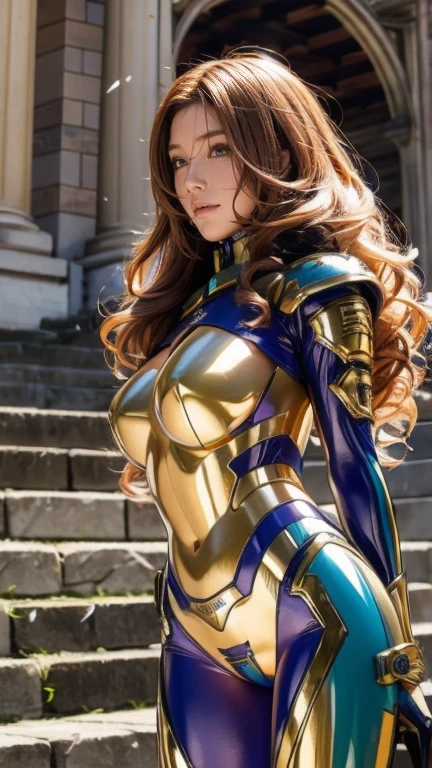 best quality, official art, masterpiece, textile shading, HDR, very detailed, colorful, best details, fantasy, battle suit, Yuki Mori:1.5, 1 female, 25 years old, gold hair, long hair, curly hair, best quality, official art, masterpiece, textile shading, HDR, very detailed, colorful, best details, fantasy, battle suit,1 female, 25 years old, standing on stairs, a castle town with an old castle view, sunny, random hair, big breast, skinny, Surrounded by a large crowd:1.9, Confetti flutters, Blessed, Being welcomed:1.5, cameltoe:1.3, ground level shot:, fighting pose,