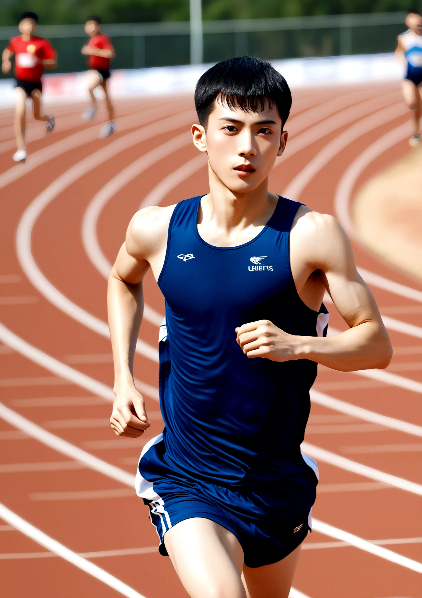 Chinese boys，18 years old，Athlete，Buzz cut，short hair，Single eyelid，whole body，Wear sportswear，Running on the track，