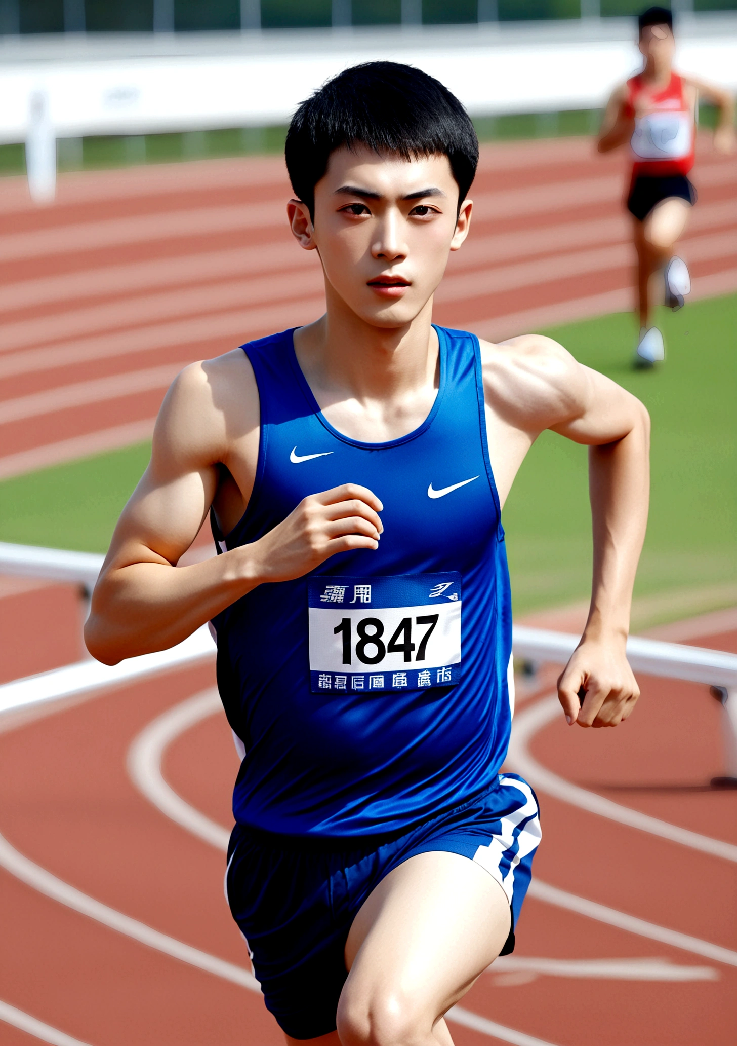 Chinese boys，18 years old，Athlete，Buzz cut，short hair，Single eyelid，whole body，Wear sportswear，Running on the track，