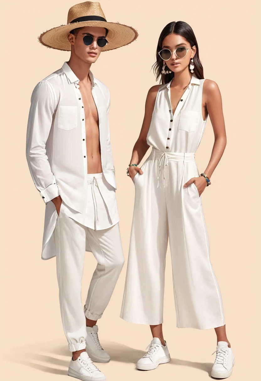 candid fashion illustration of young Mixed race man and woman, both aged 22 year old, ((showcase fashion look book in a off-White outfits)), inspired by Zara Summer collection in elegant young bohemian style. The man wears Relaxed-fit shirt in a linen and cotton blend with front button fastening. Long sleeves with buttoned cuffs, paired with Joggers in cotton twill with covered elastication and a drawstring at the waist. Side pockets, and a back pocket and leg pockets with a flap and press-studs. Covered elastication and a hook and loop tab at the hems. He completes his look with white sneakers, round sunglasses and bracelet. The woman complements him in a white Ankle-length dress, Calf-length, sleeveless dress in woven fabric featuring a round, frill-trimmed neckline and a keyhole opening with minimal detail, Her ensemble includes an accessorizes with a wide-brimmed straw hat, white sneakers, Captured in a dynamic angle, ((close-up)), ((pastel color background)), sketching, realistic pencil lines, imperfect drawing, fading sketch, fashion look book, fashion illustrator,--sameseed.