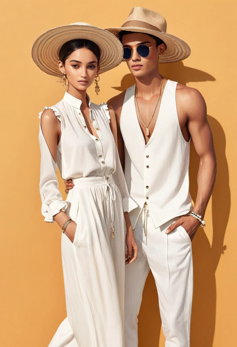 candid fashion illustration of young Mixed race man and woman, both aged 22 year old, ((showcase fashion look book in a off-White outfits)), inspired by Zara Summer collection in elegant young bohemian style. The man wears  Relaxed-fit shirt in a linen and cotton blend with front button fastening. Long sleeves with buttoned cuffs, paired with Joggers in cotton twill with covered elastication and a drawstring at the waist. Side pockets, and a back pocket and leg pockets with a flap and press-studs. Covered elastication and a hook and loop tab at the hems. He completes his look with white sneakers, round sunglasses and bracelet. The woman complements him in a white Ankle-length dress, Calf-length, sleeveless dress in woven fabric featuring a round, frill-trimmed neckline and a keyhole opening with minimal detail, Her ensemble includes an accessorizes with a wide-brimmed straw hat, white sneakers, Captured in a dynamic angle, ((close-up)), ((pastel color background)), sketching, realistic pencil lines, imperfect drawing, fading sketch, fashion look book, fashion illustrator,--sameseed.