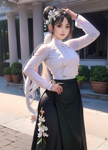 realistic, high resolution, 1 woman, butt up, beautiful eyes, gray hair, long hair, round eyes, collar shirt, belly button visible, black tie, black skirt, Rooftop of a downtown building, Short skirts that show panties, dressed like a student