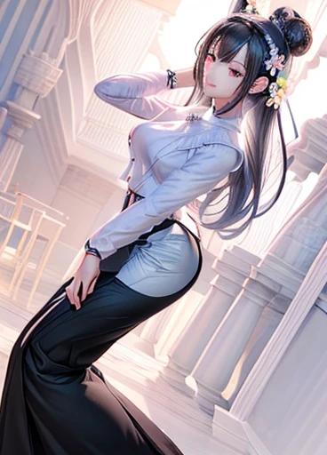 photorealistic, high resolution, masterpiec e best quality ultra-detailed, 1women. (m edium breast), hair bun, jesmine flower o n the head, mature female, solo, hips up, (wearing acmmsayarma outfit, acmmsaya rma white top with buttons, long sleeves), ((acmmsayarma black long skirt)