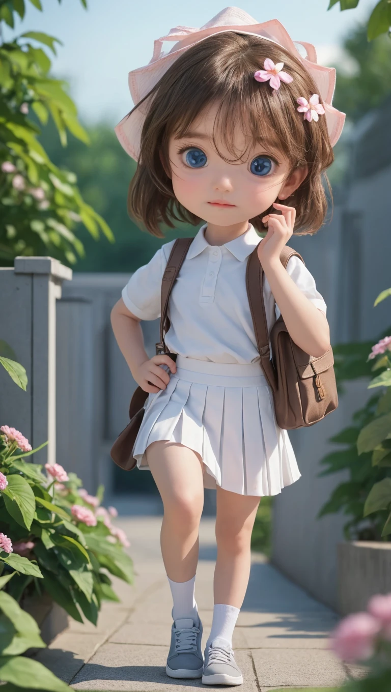 adorable girl , Got brown hair , School uniform attire, Wear a pink backpack on your back, Wear white shoes