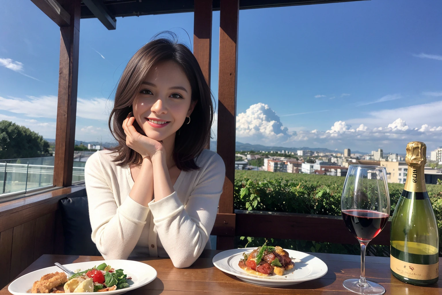 ((Highest quality、8K、masterpiece:1.3))、slimカップル、modelカップル、(Realistic, Intricate details:1.2), full-course dinner、Wine Party、Amazing view of the sunset sky and clouds、A bright smile、The wonderfulness of smile、Bright image、The beauty of wine, Beautiful Face, blue eyes, The light shines on your face, Blushing, short hair,Bright Face、 (Age 37), 39 years old, red wine 、Appetizers、Italian food、Wine bottle、Champagne、sparkling wine、Two beauties、Brown Hair、Shortcuts、Long sleeve shirt、dress、Beautiful woman 1, (slimな顔), (The body is slim), (Brown Hair), (Shortcuts), cheeks turn a little red,Attractive beauty、restaurant, In a prominent place (From the waist up) Nova Frog Style, actress, model, Upper Body, White wine, slim, wine glass, 中央に置かれたwine glass, smile, (smile: 1.15), Beautiful fine grain, Depth f/2,saturation, High Contrast, Strong light and shadow,Moist Body:1.5、3D texture、Delicate eyes、Brown Hair、The hair is very shiny、