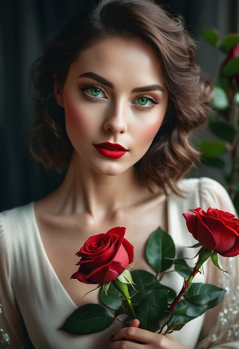a woman with green eyes, flawless skin, half body shot, holding a red rose, whimsical photography style, captured with an Arriflex 35BL camera using Canon K25 prime lenses, cinematic, dramatic lighting, ultra clear, breathtaking surreal masterpiece.