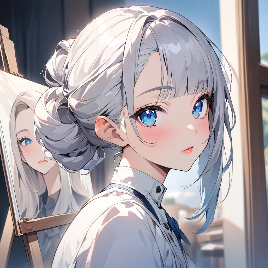 masterpiece, anime style, A canvas is hanging on an easel. The painting depicts a portrait of a girl with shiny silver hair tied back. She has blue eyes. She is shot from the right rear. She has blush pink lips and is looking at the viewer with a sidelong glance. flat bangs,か