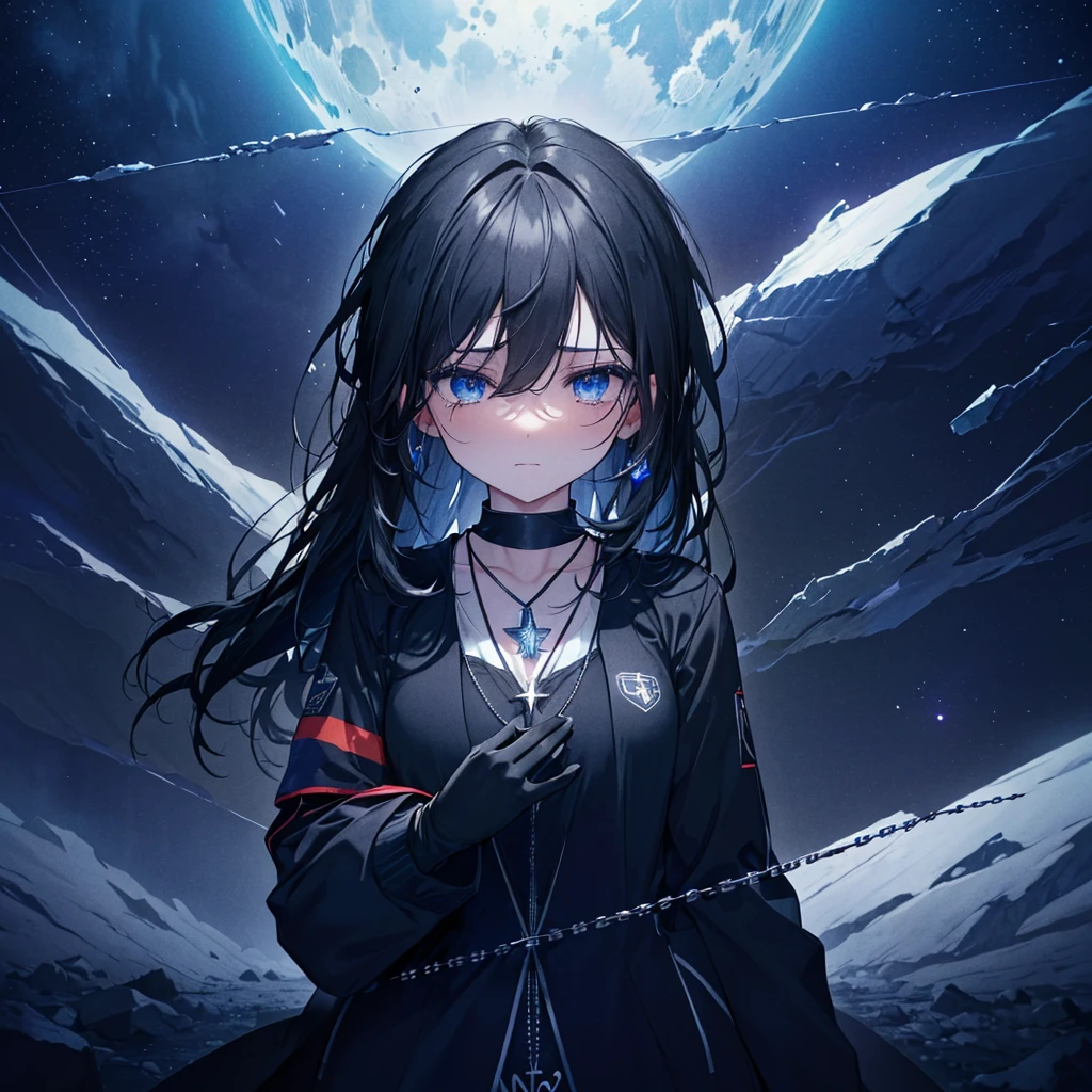 (((Pulled by chains)))　((High resolution　Black Hair　Long Hair　Dull blue eyes　uniform　Lonely　despair))　((necklace　tears　gloves))　(night　Distorted Space-Time　star　moon　)　Catch the wind　Light