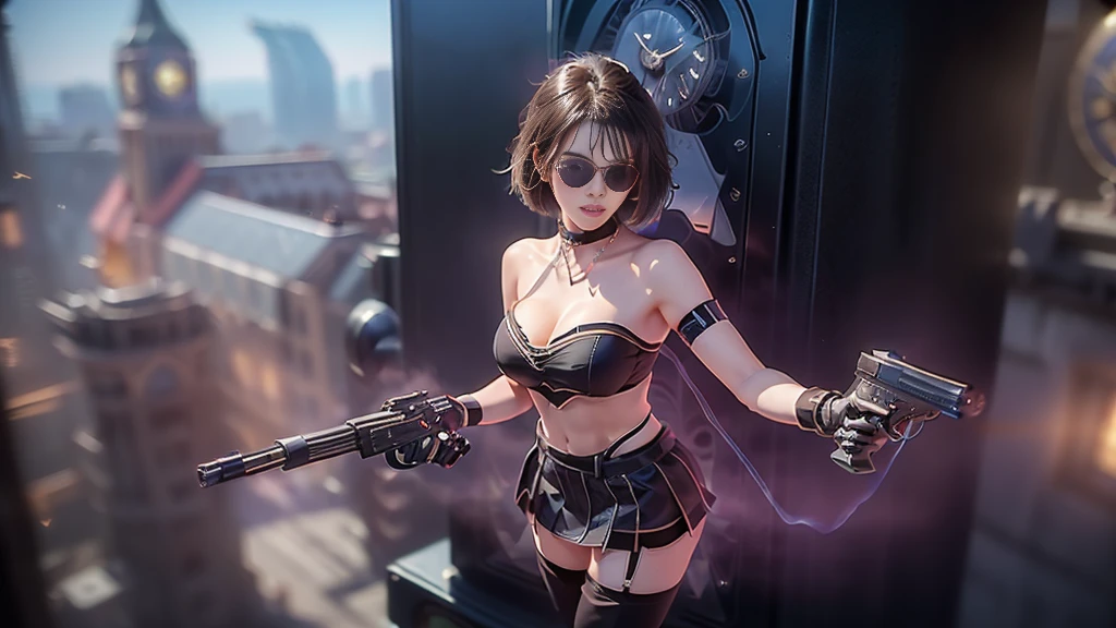 (aerial view). at night, futuristic sci-fi cyberpunk city, broad viaduct, skyscrapers at the end of the viaduct, the movie "13th Floor" style, (((((voltex-spirit-spreading giant clock tower as time machine))))), hq. Matrix style, at night, (1girl, solo), photo realistic, (large-breast:1.2 slim body, cleavage:1.3), (((tube top, extreamly short pleated (((miniskirt)))))), (((((matrix style black sunglasses))))), (((((aiming at camera with a (short:0.8 pistol)))))), (((half-body (thigh level) medium shot))), (cinematic lighting).