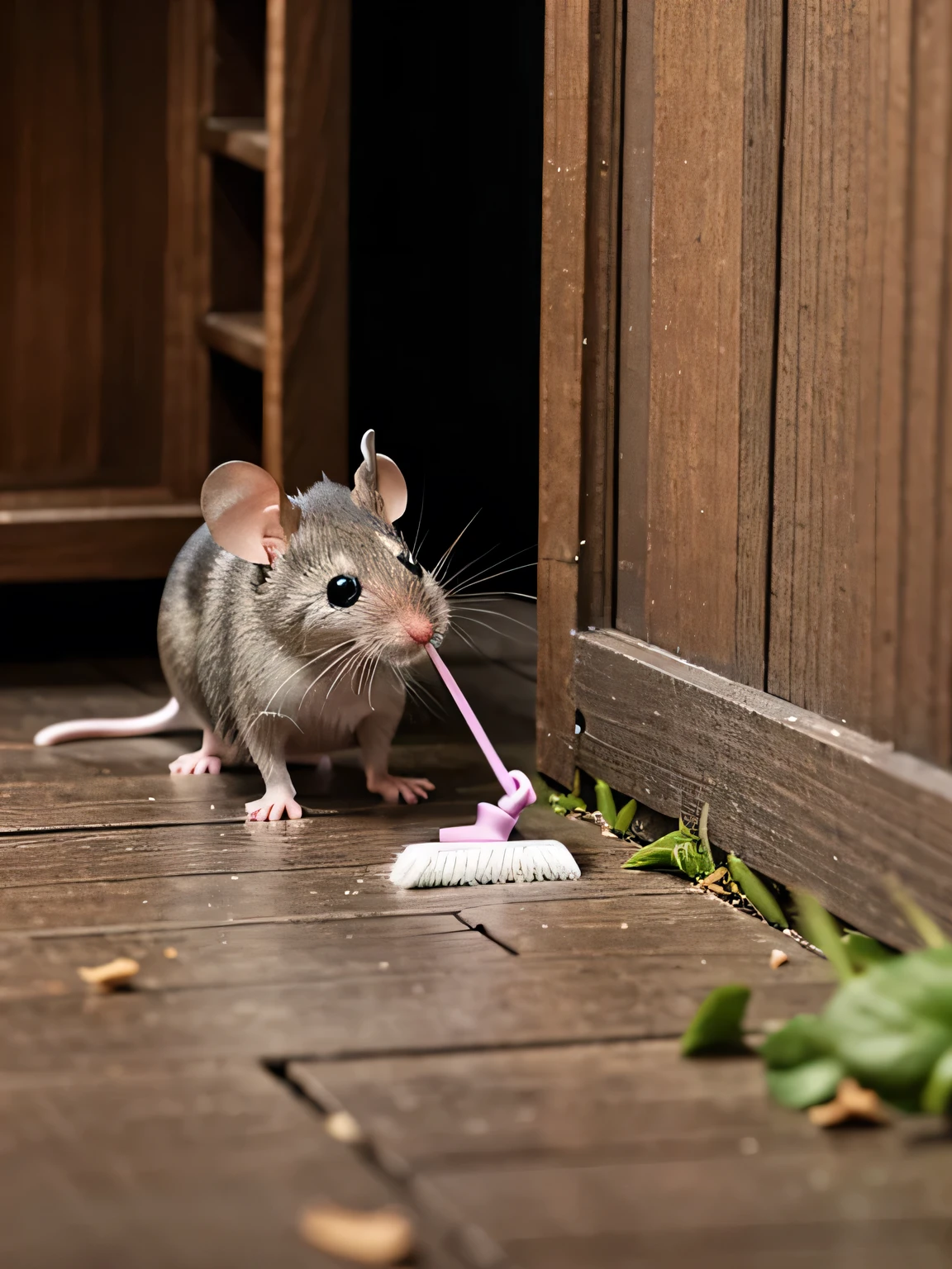A little mouse is cleaning up his house