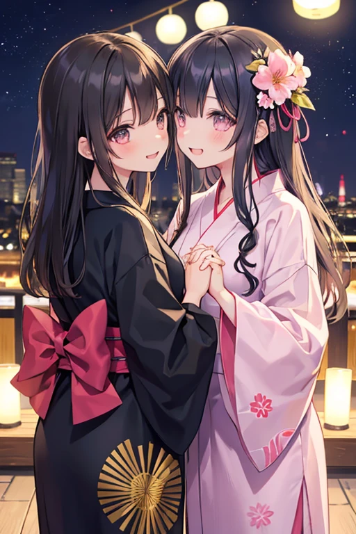 浴衣を着た大人のmalefemaleのカップル,Gazing at each other,Kissing together,美しい場所で愛し合う会うmalefemaleの二人,Black Hair_male,Black yukata_male,Straight Hair_male,Dark Chestnut Hair_female,Pale pink yukata_female,Floral Yukata_female,Flower Hair Ornaments_female,night,ベッドで溶け合うmalefemale