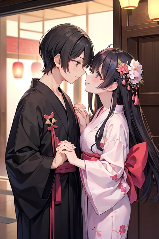 浴衣を着た大人のmalefemaleのカップル,laughing,Gazing at each other,Kissing together,romantic,美しい場所で愛し合う会うmalefemaleの二人,Tanabata,Black Hair_male,Black yukata_male,Straight Hair_male,Dark Chestnut Hair_female,Pale pink yukata_female,Floral Yukata_female,Flower Hair Ornaments_female,Beautiful views,Two people holding hands,night,Lovers melt in bed