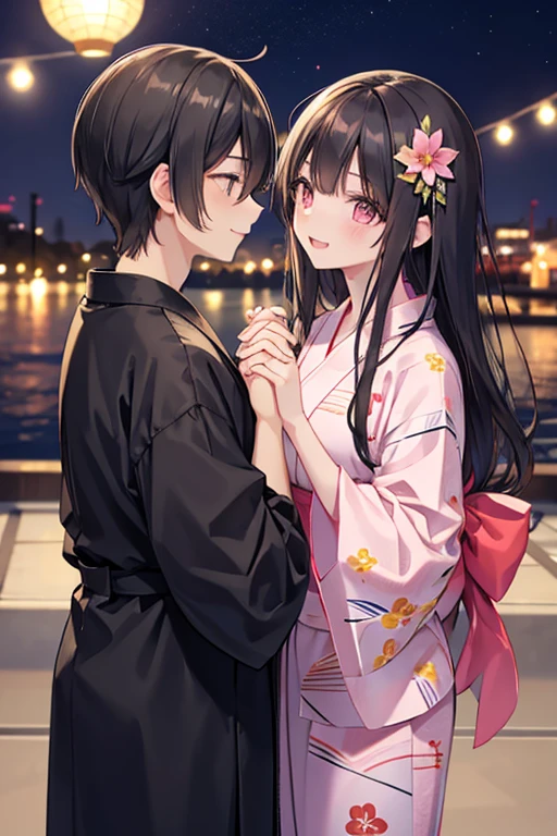 浴衣を着た大人のmalefemaleのカップル,laughing,Gazing at each other,Kissing together,romantic,美しい場所で愛し合う会うmalefemaleの二人,Tanabata,Black Hair_male,Black yukata_male,Straight Hair_male,Dark Chestnut Hair_female,Pale pink yukata_female,Floral Yukata_female,Flower Hair Ornaments_female,Beautiful views,Two people holding hands,night,Lovers melt in bed