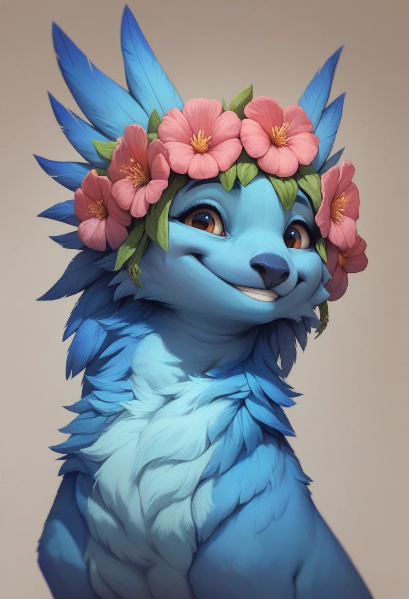 Bia, sfw, spix macaw,female, blue feathers, 3d, cgi, detailed, flower on head, smile