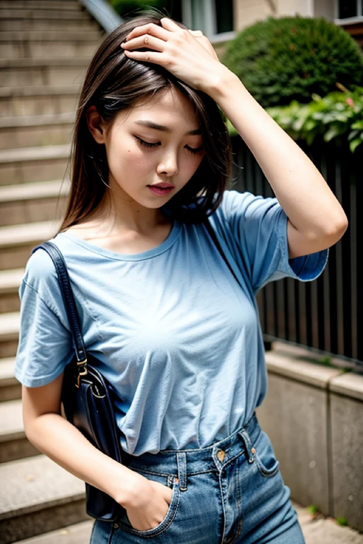 hot girl in blue shirt going down steps with phone in hand and hand behind her head, 1girl, solo