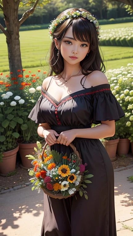 A unique wreath of gerberas and tea roses, gypsophila, spiral ribbons, butterflies, beads are woven, a dark-haired beautiful model girl has a photo shoot on the background of a field