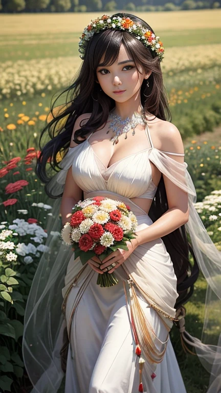 A unique wreath of gerberas and tea roses, gypsophila, spiral ribbons, butterflies, beads are woven, a dark-haired beautiful model girl has a photo shoot on the background of a field