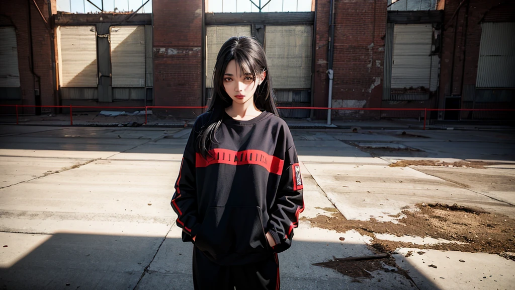 4 girls from a girl group inside an abandoned warehouse posing together with a dominate pose. Dark edgy clothes and hairstyles. Red light peaks throuth the windows