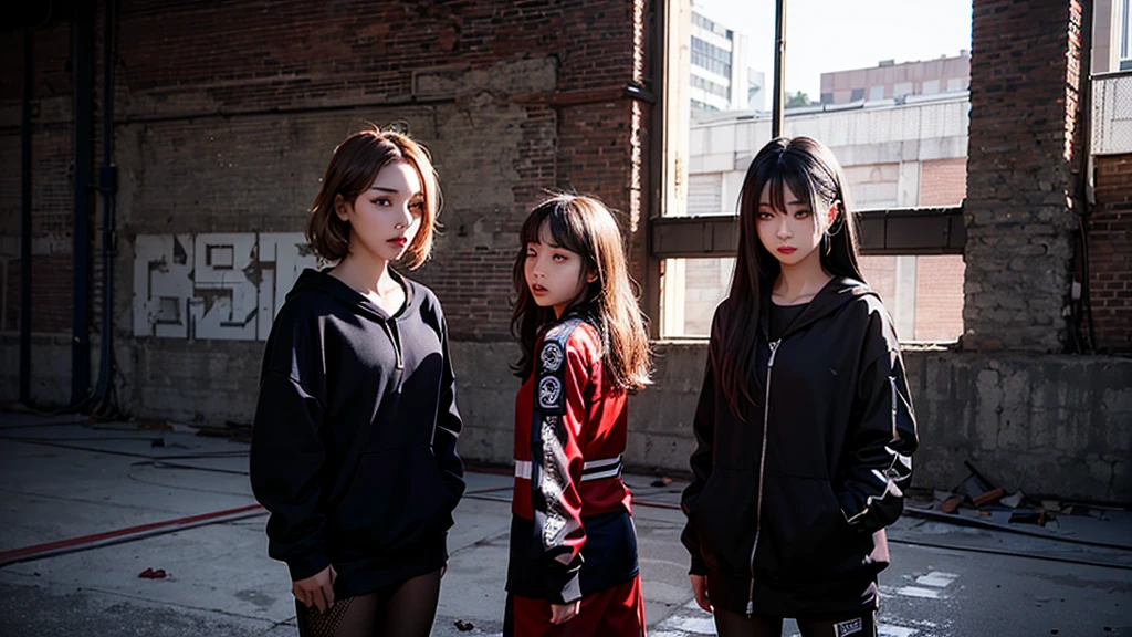 4 girls from a girl group inside an abandoned warehouse posing together with a dominate pose. Dark edgy clothes and hairstyles. Red light peaks throuth the windows