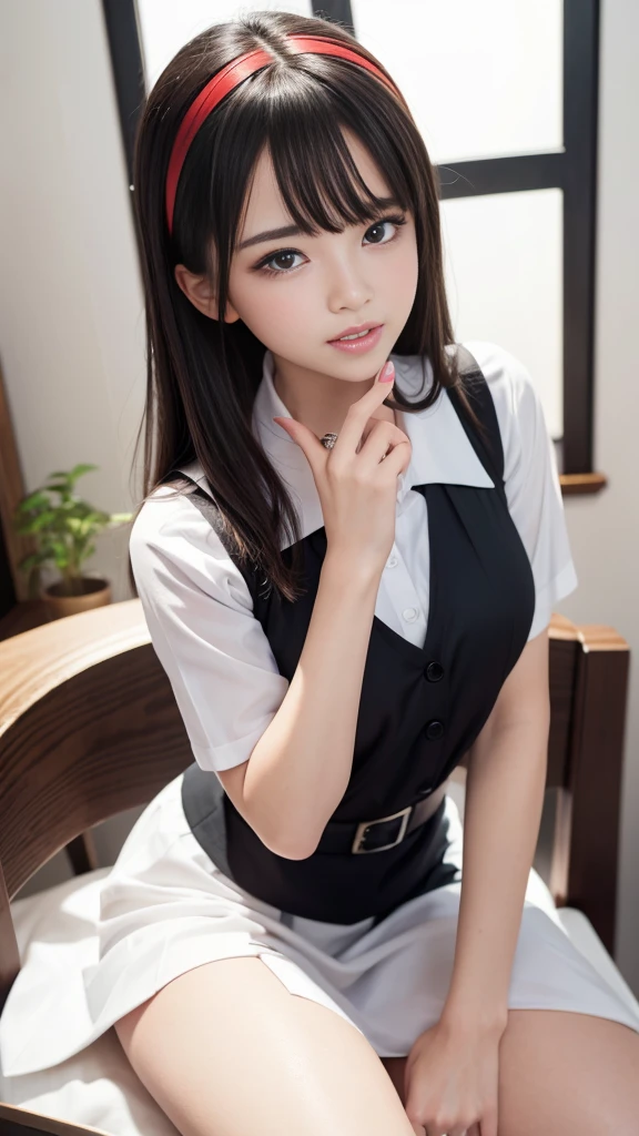 (8K, Highest quality, masterpiece:1.2, RAW Photos), One girl, (e schrl, Idol, beautiful girl, Baby Facekin Dentition:1.5), night, (dark), Clear background indoors, Beautiful Bangs, nice, (Clothing and uniforms:1.3), (Attractive breasts:1.4), ((奇妙なdark部屋:1.3)), (Mouth closed:1.2, Beautiful Eyes, Fine grain, Detailed Iris, Beautiful Lips, Beautiful Nose, Beautiful Face), (primary color:1.5), (Beautifully glowing eyes:1.3), (Detailed eyes and face:1.3, Professional photography techniques), (Detailed hands:1.2), (Gaze at the viewer, blush:1.2), (Red nails:1.2)