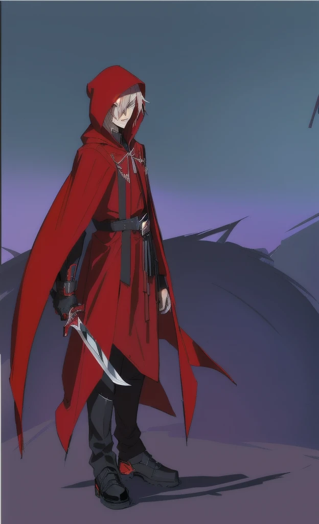 cartoon of a man in a red and black outfit with a blade, emitting evil red aura, red demon cloak, villain wearing a assassin suit, red hooded assassin, crimson attire, assassin