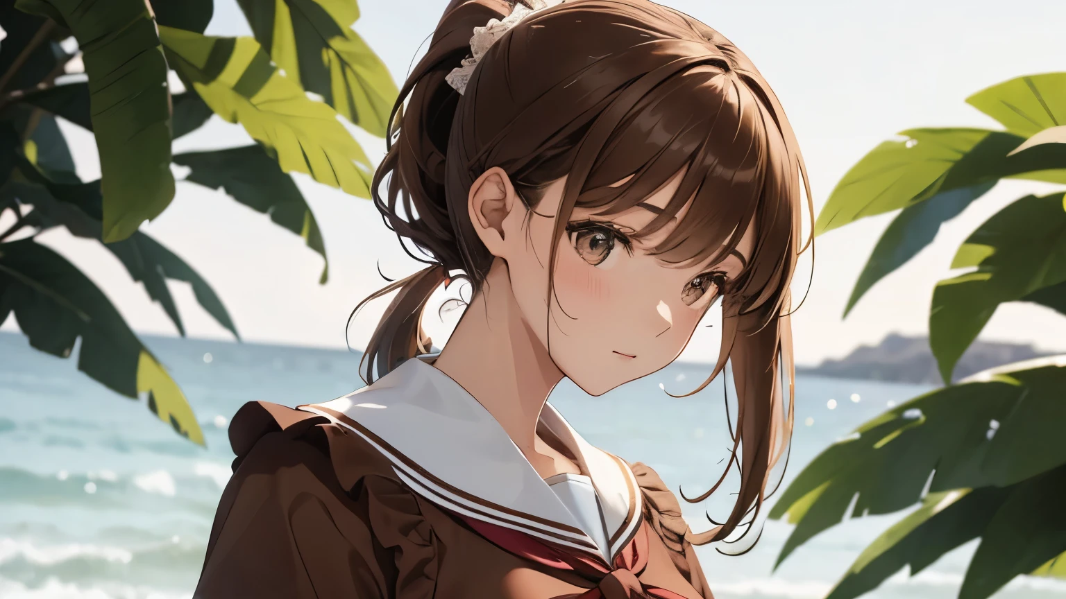 A beautiful woman wearing a brown sailor suit with lots of frills and lace　Long sleeve　Brown hair ponytail with hair ornament　Upper Body