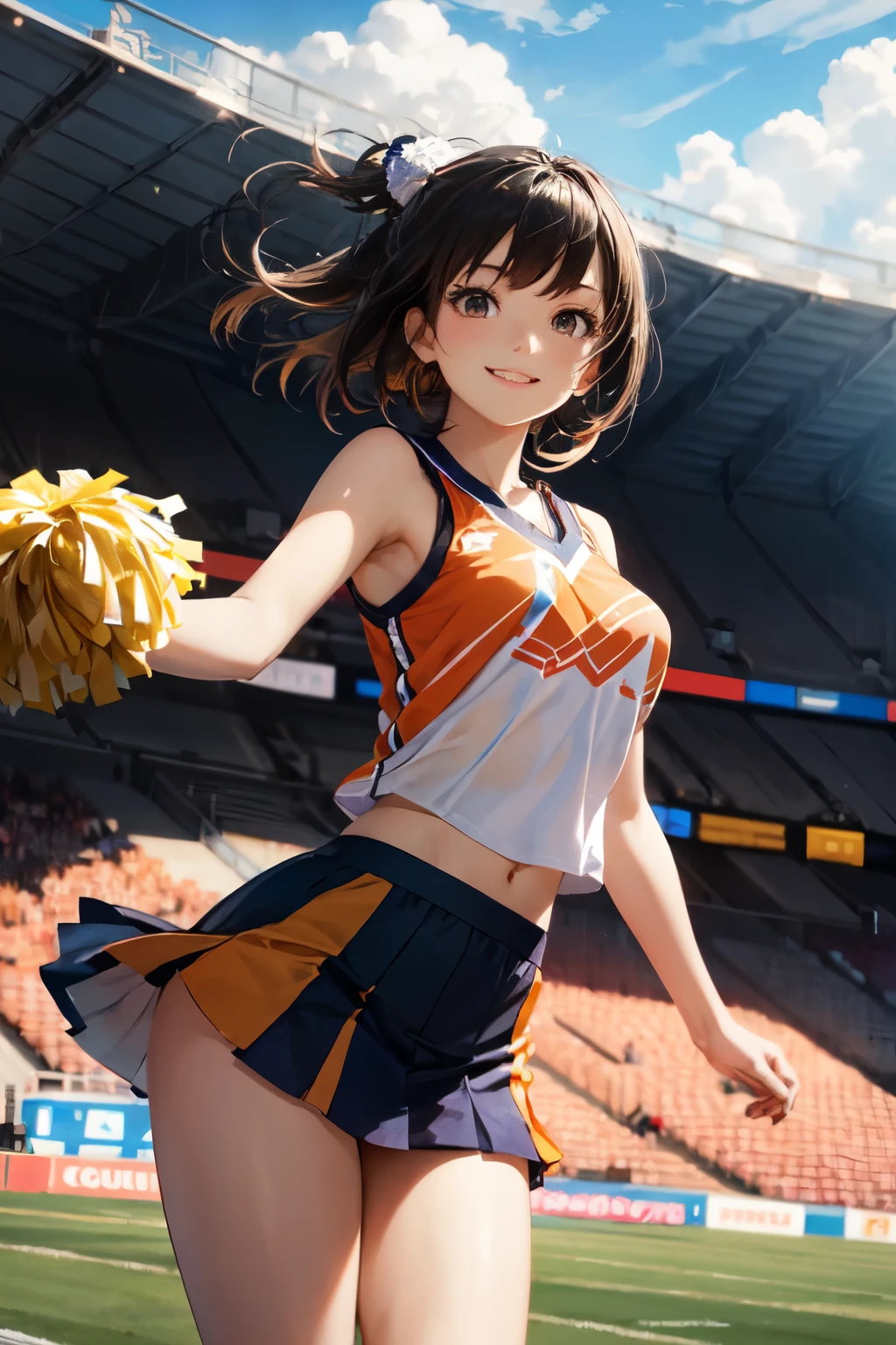 very cute and beautiful cheerleader girl,(highly detailed beautiful face),(holding pom poms:1.1),(smile:1.3),happy, (stadium stands),cowboy shot,dynamic pose,(sleeveless orange cheerleader shirt),beautiful legs, looking at viewer,black hair,hair band, (best quality,masterpiece),absurdres,highres,ultra-detailed,extremely detailed,32k,8k resolution, intricate details,cinematic scene,detailed background,solo,dynamic angle, hair fluttering in the wind,beautiful detailed sky,(realistic),perfect hands,