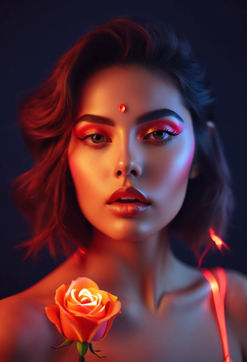 a woman with a neon rose on fire, flawless skin, whimsical photography style, photo captured by an Arriflex 35BL camera using Canon K25 prime lenses, cinematic, dramatic lighting, ultra clear, breathtaking surreal masterpiece. sensual pose