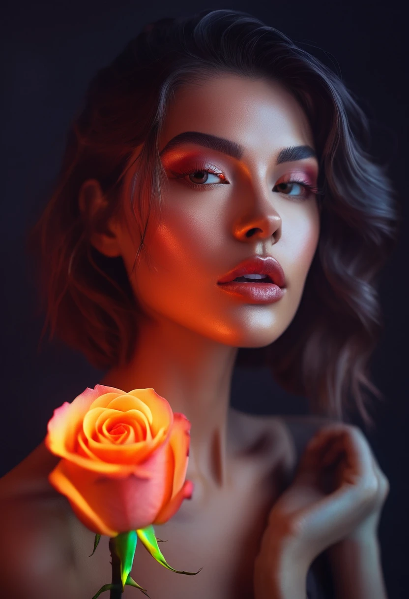 a woman with a neon rose on fire, flawless skin, whimsical photography style, photo captured by an Arriflex 35BL camera using Canon K25 prime lenses, cinematic, dramatic lighting, ultra clear, breathtaking surreal masterpiece. sensual pose