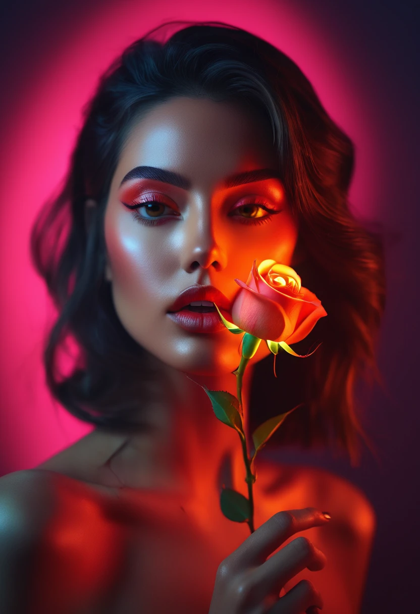 a woman with a neon rose on fire, flawless skin, whimsical photography style, photo captured by an Arriflex 35BL camera using Canon K25 prime lenses, cinematic, dramatic lighting, ultra clear, breathtaking surreal masterpiece. sensual pose