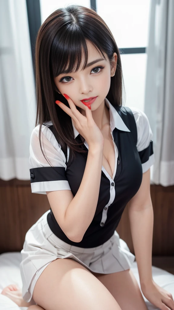 (8K, Highest quality, masterpiece:1.2, RAW Photos), One girl, (Cute school girl, Idol, beautiful girl, Baby Face:1.2), (Skin Dentition:1.5), night, (dark), Clear background indoors, Beautiful Bangs, nice, (Clothing and uniforms:1.3), (Attractive breasts:1.4), Cleavage, ((奇妙なdark部屋:1.3)), (Mouth closed:1.2, Beautiful Eyes, Fine grain, Detailed Iris, Beautiful Lips, Beautiful Nose, Beautiful Face), (primary color:1.5), (Beautifully glowing eyes:1.3), (Detailed eyes and face:1.3, Professional photography techniques), (Detailed hands:1.2), (Gaze at the viewer, blush:1.2), (Red nails:1.2)