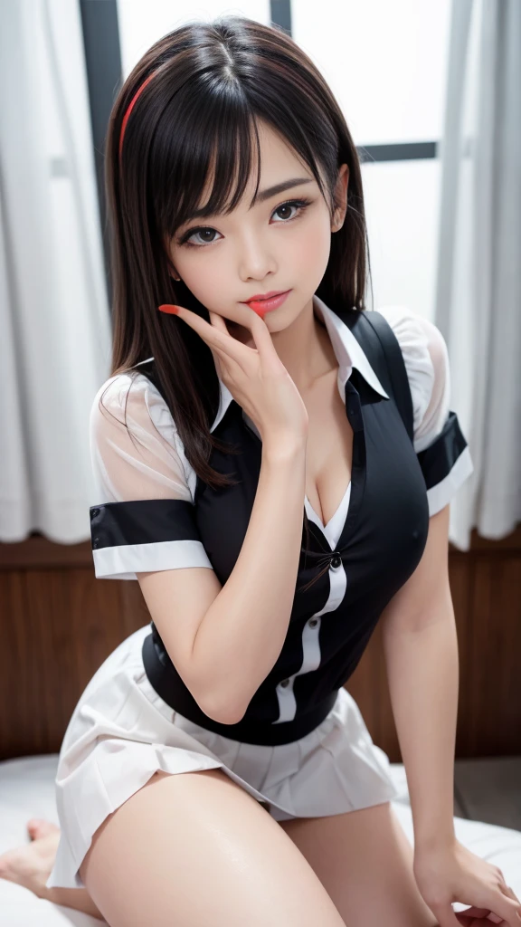 (8K, Highest quality, masterpiece:1.2, RAW Photos), One girl, (e schrl, Idol, beautiful girl, Baby Facekin Dentition:1.5), night, (dark), Clear background indoors, Beautiful Bangs, nice, (Clothing and uniforms:1.3), (Attractive breasts:1.4), Cleavage, ((奇妙なdark部屋:1.3)), (Mouth closed:1.2, Beautiful Eyes, Fine grain, Detailed Iris, Beautiful Lips, Beautiful Nose, Beautiful Face), (primary color:1.5), (Beautifully glowing eyes:1.3), (Detailed eyes and face:1.3, Professional photography techniques), (Detailed hands:1.2), (Gaze at the viewer, blush:1.2), (Red nails:1.2)