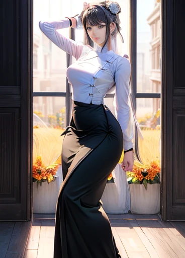 photorealistic, high resolution, masterpiec e best quality ultra-detailed, 1women. (m edium breast), hair bun, jesmine flower o n the head, mature female, solo, hips up, (wearing acmmsayarma outfit, acmmsaya rma white top with buttons, long sleeves), ((acmmsayarma black long skirt) yellow dress