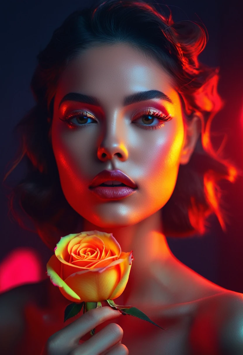 a woman with a neon rose on fire, flawless skin, whimsical photography style, photo captured by an Arriflex 35BL camera using Canon K25 prime lenses, cinematic, dramatic lighting, ultra clear, breathtaking surreal masterpiece. sensual pose